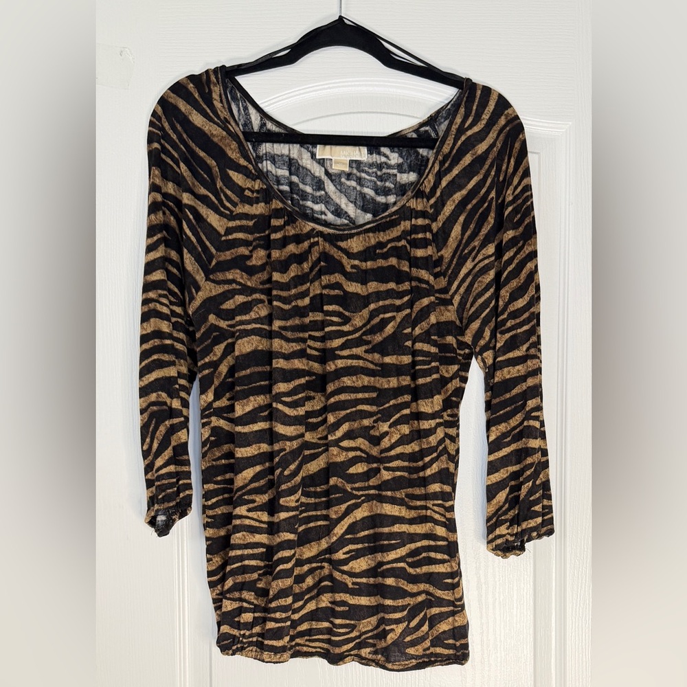 MICHAEL Michael Kors Black and Tan Zebra Print Long Sleeve Top, Medium